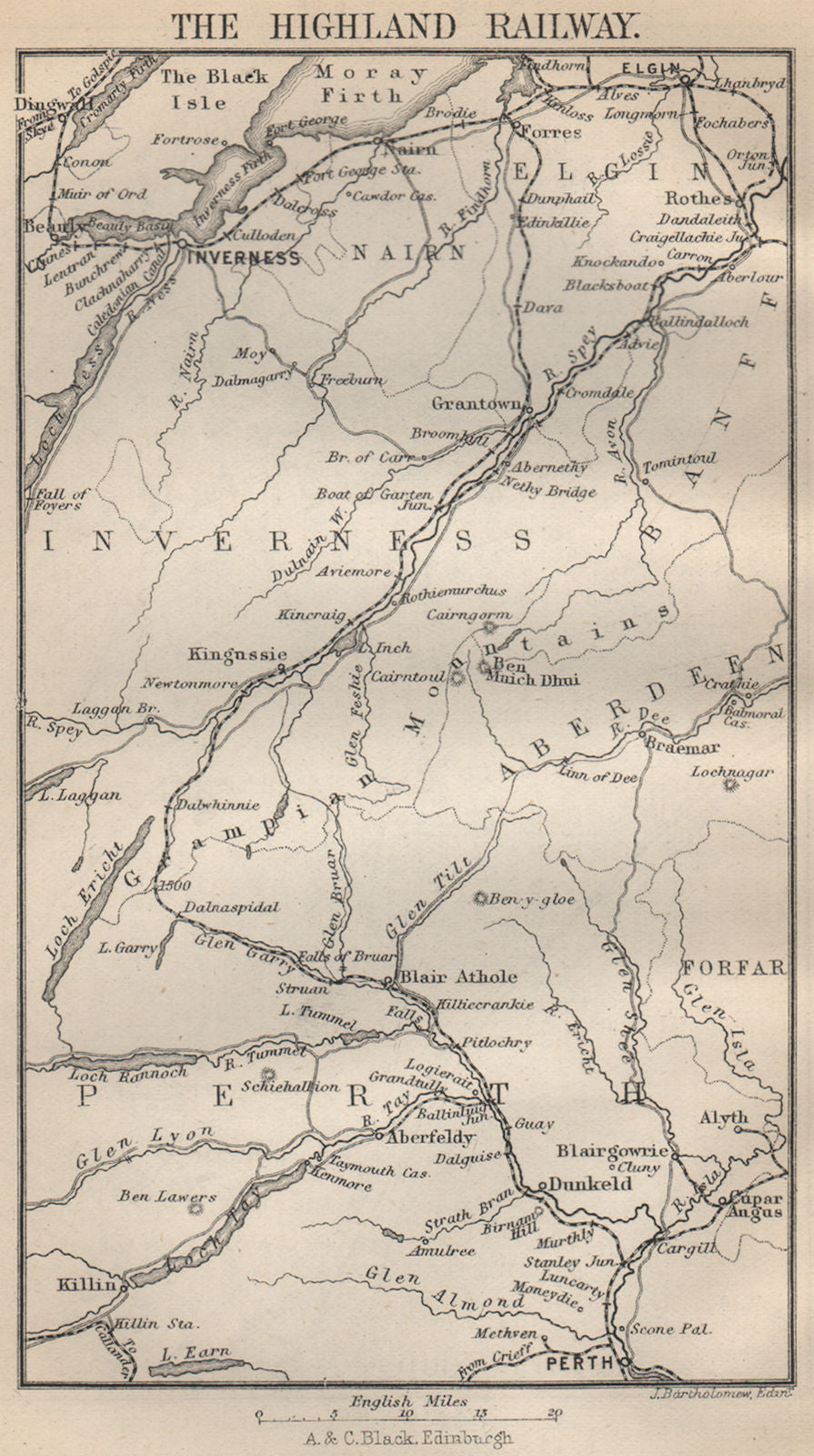 The Highland Railway. Inverness Perth Elgin. Scotland 1886 old antique map